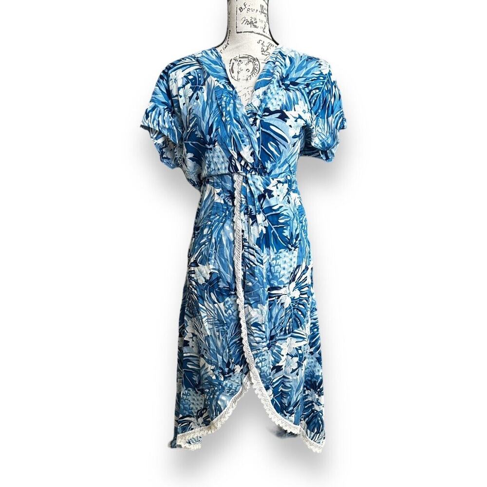 New America & Beyond Blue Floral Print Maxi Dress Swim Cover up Small MSRP $89